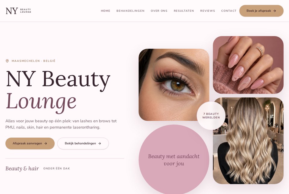 Conceptdemo-website voor NY Beauty Lounge Maasmechelen, een schoonheidssalon