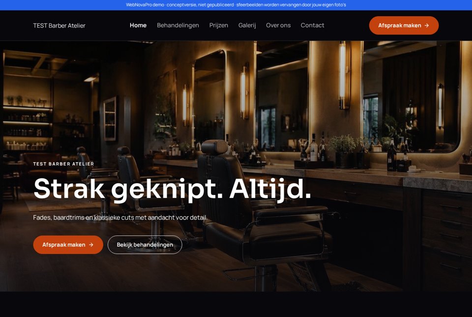 Conceptvoorbeeld van een website voor een barbershop met behandelingen en een boekingsknop