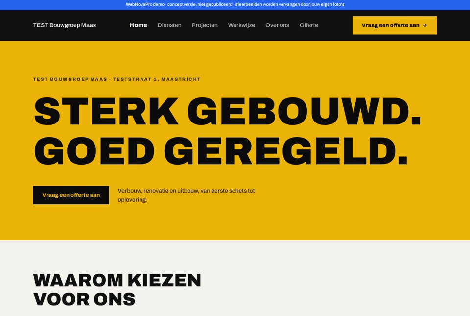 Conceptvoorbeeld van een website voor een klusbedrijf met projecten en offerteformulier