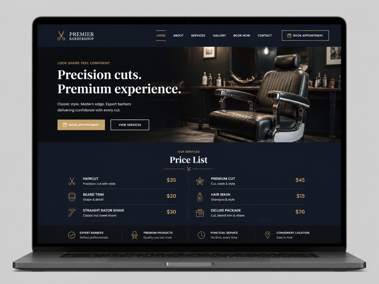 Conceptvoorbeeld van een website voor een barbershop met behandelingen en een boekingsknop