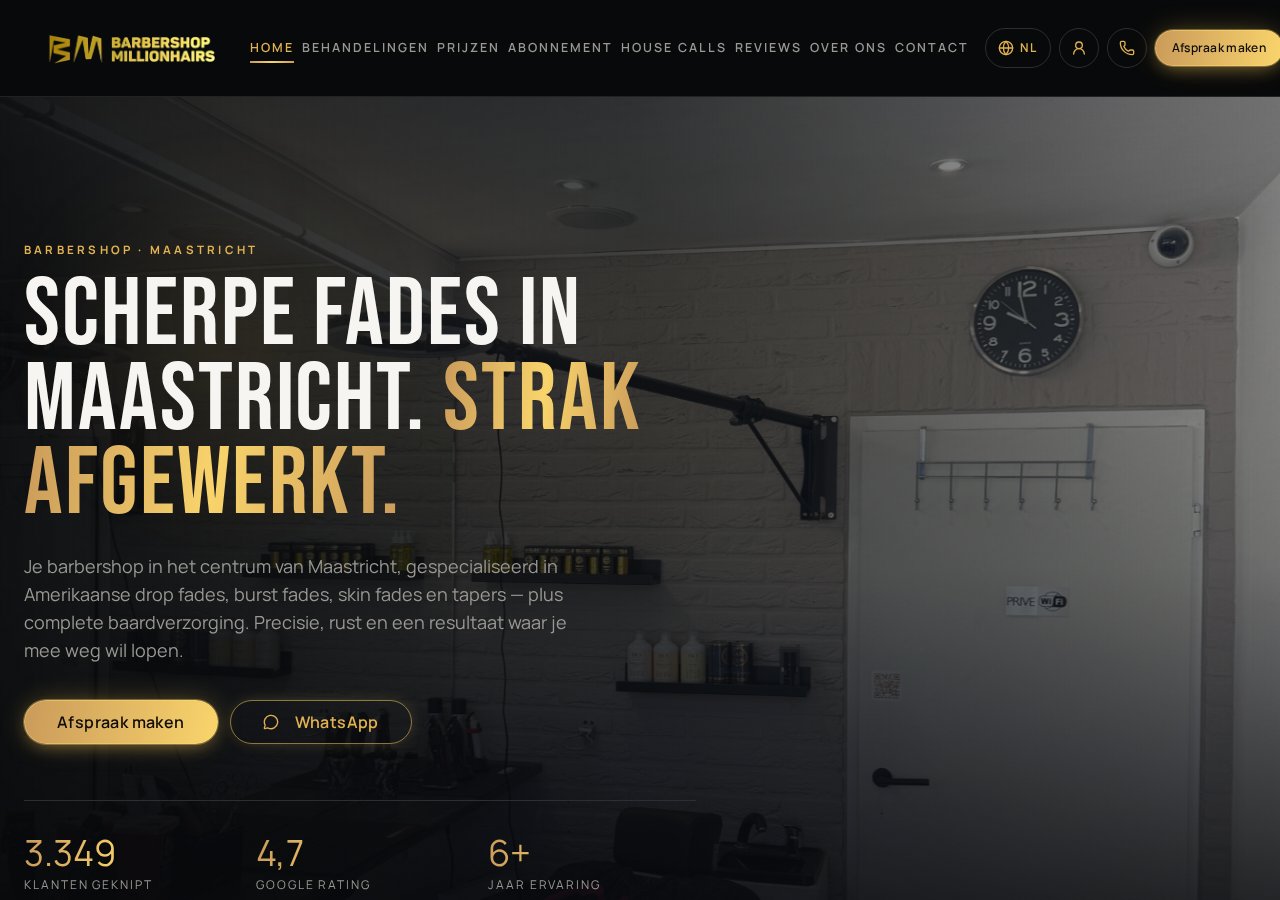 Voorpagina van de website van Barbershop Millionhairs